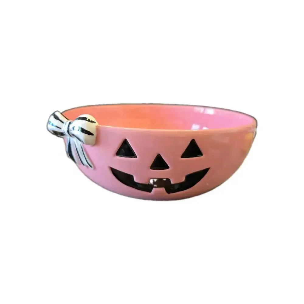 New Pink Black & White Pumpkin W/ Bow Halloween Large Salad Candy Serving Bowl